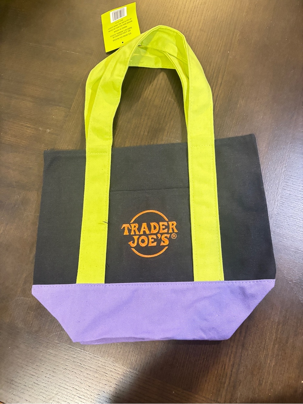 Trader Joe's Black Canvas Tote with Lime Handles and Purple Base